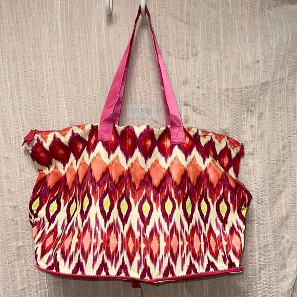 CHICO’S Ivory Coral Pink Green Purple Packable Large Weekender Polyester Bag - Picture 1 of 15